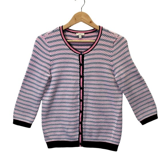 Talbots Cardigan Sweater Womens M Petite Pink Blue White Button Up Polka Dots - Picture 1 of 11
